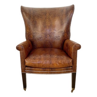 Dessin Fournir Crocodile Embossed Leather Wingback Statement Chair For Sale