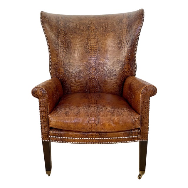 Dessin Fournir Crocodile Embossed Leather Wingback Statement Chair For Sale