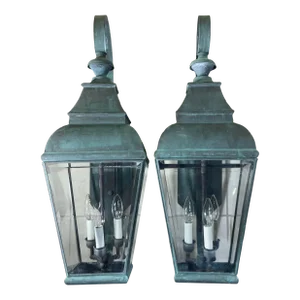 Large Pair of Vintage Brass Wall Hanging Lanterns 10”w X 12”.5 D X 29”.5 High