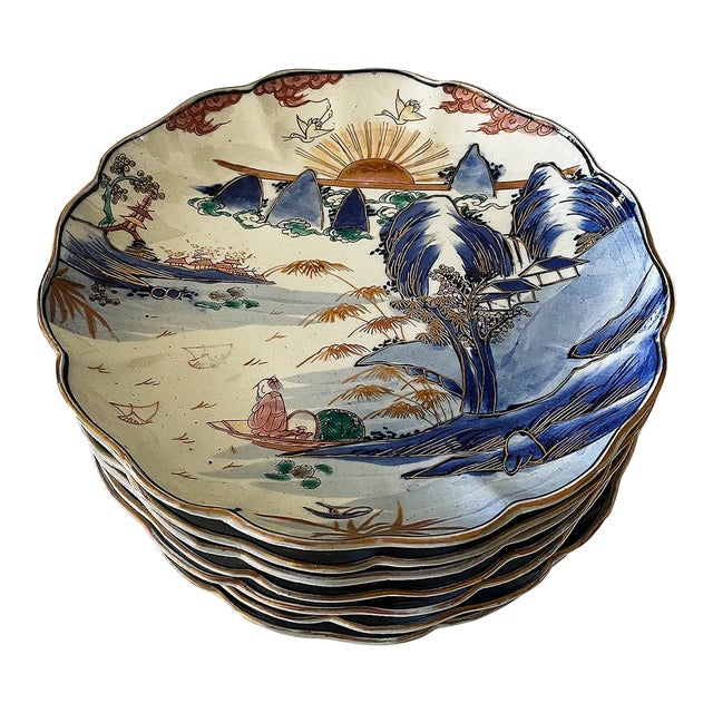 Japanese Imari Plates Antique Hand Painted - Set of Seven For Sale