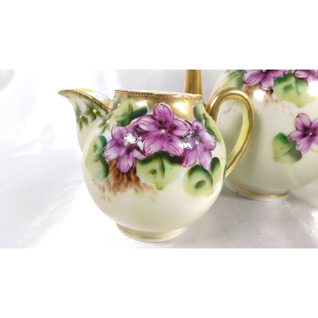 1950s Porcelain Teapot, Sugar Bowl and Creamer Set With Purple Flowers For Sale - Image 4 of 11