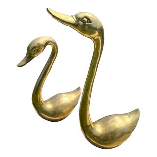 1960s Mid Century Brass Swan Sculptures - 2 Pieces For Sale