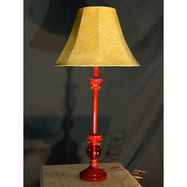 Vintage Style Red Table Lamp With Beige Fabric Shade For Sale - Image 9 of 10