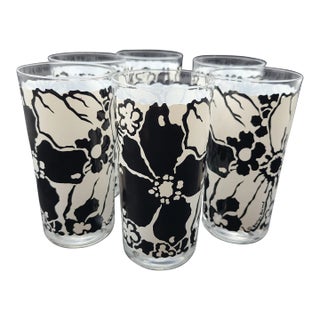 1960s George Briard Mid-Century White Black Floral Highball Glasses- Set of 6 For Sale