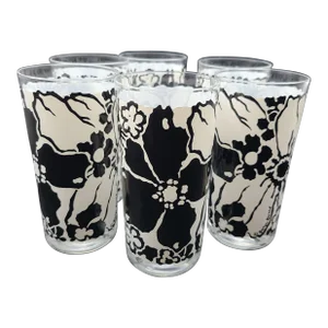 1960s George Briard Mid-Century White Black Floral Highball Glasses- Set of 6