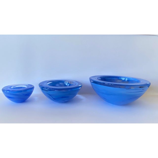 Set of 3 Kosta Boda Light Blue Swirl Atoll Glass Bowl & Tea light holder Art Glass designed by Anna Ehrner with original...