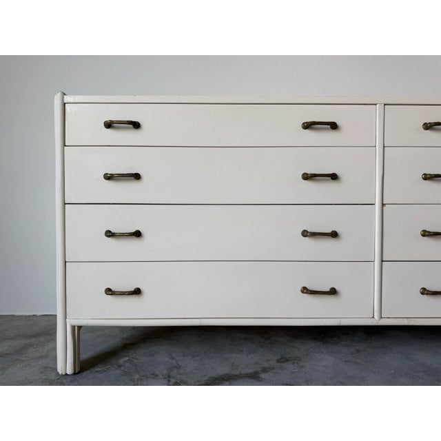 1970s Vintage John McGuire Eight Drawers Wood and Rattan White Painted Sold For Sale - Image 4 of 12