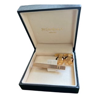 YVES SAINT LAURENT YSL Gold Plate Cufflinks & Tie Tack Clip Set, Original Case For Sale
