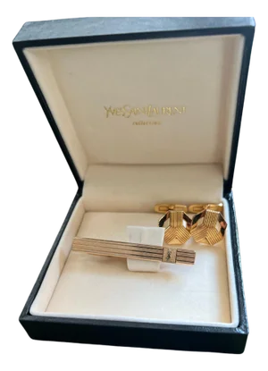 YVES SAINT LAURENT YSL Gold Plate Cufflinks & Tie Tack Clip Set, Original Case
