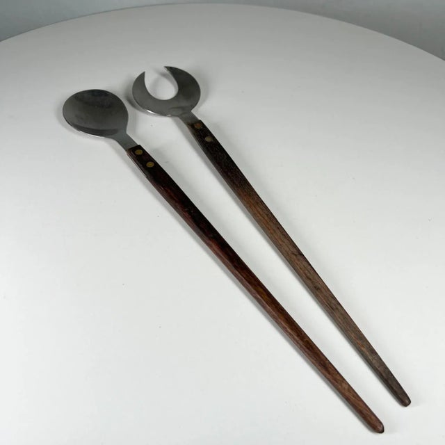 Wood 1960s Modernist Japanese Stainless Steel Salad Serving Utensils- Set of 2 For Sale - Image 7 of 7