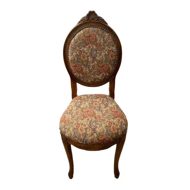 Gorgeous, Vintage Accent Chair Carved Flower Back, Solid Walnut Frame, Roses and Flowers Handmade Embroidery Seat and Back...