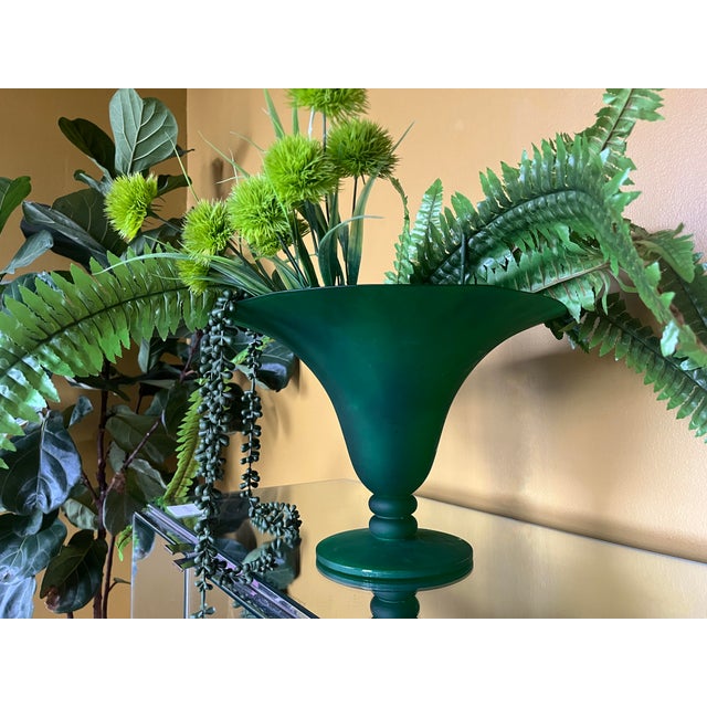 1980s Spanish green glass compote bowl with pedestal base. Made from clear glass with a matte acid-etched finish in...