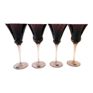 1970's Crystal Water Goblets, Mikasa, Blossom Plum, Pink & Plum Swirl Design, Trumpet Shape, Boussu Belgium Set of 4 For Sale
