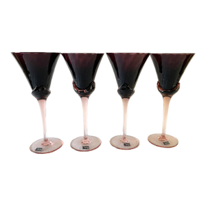 1970's Crystal Water Goblets, Mikasa, Blossom Plum, Pink & Plum Swirl Design, Trumpet Shape, Boussu Belgium Set of 4