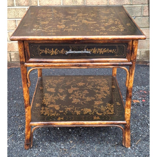Late 20th Century Theodore Alexander Black Japanned and Ornate Bamboo Single Drawer Tier Side Table For Sale - Image 12 of 18