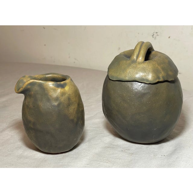 Green Antique Signed Japanese 3 Piece Studio Green Pottery Teapot Set Sugar Creamer For Sale - Image 8 of 18