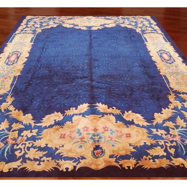 Antique Art Deco rug. Size: 8'9" x 11'2". 1920s Blue Rectangle Hand Knotted Pile Antique Allover Floral Wool Rug, Circa...