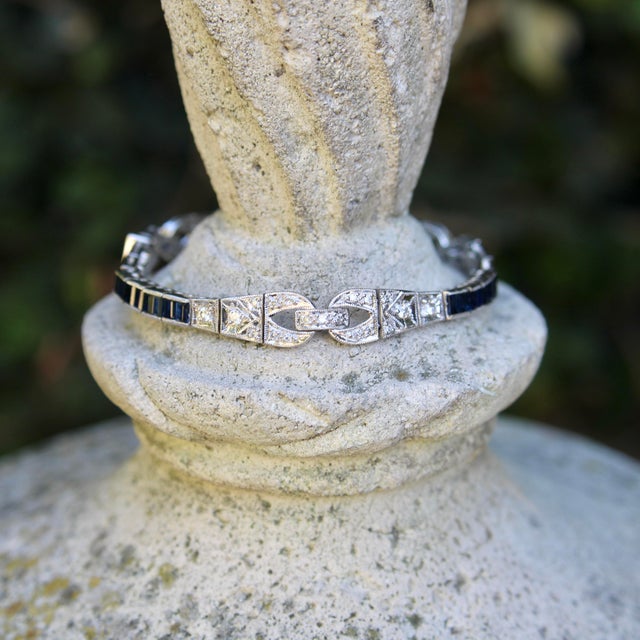 Silver 1990s 18k White Gold Diamond and Sapphire Art Deco Style Bracelet For Sale - Image 8 of 10