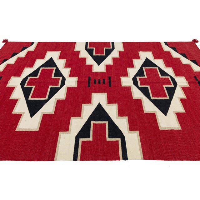 2010s 6x9 Handmade Modern Navajo Style Wool Rug - Vibrant Red Geometric Design For Sale - Image 5 of 10