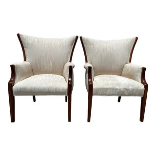 1950s Pair of Hollywood Regency Wingback Chairs, Vintage Upholstered Mahogany Chairs For Sale