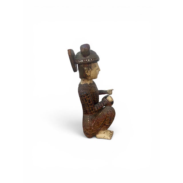 Early 20th Century Early 20th Century Hand-Carved Chinese Wooden Figural Sculpture of Seated Musician With Tambourine-Style Instrument For Sale - Image 5 of 12