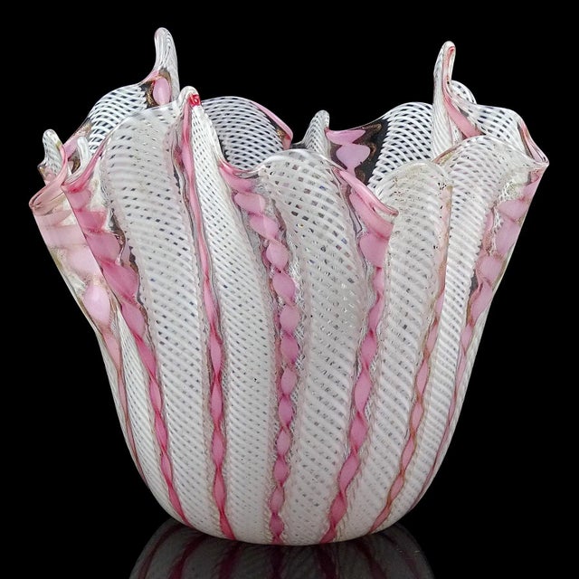 Beautiful vintage Murano hand blown pink, white, and aventurine ribbons Italian art glass handkerchief / fazzoletto vase....