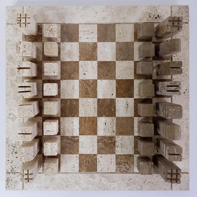 Modernist Chess Game in Two Colored Travertine, Italy, 1970s For Sale - Image 11 of 13