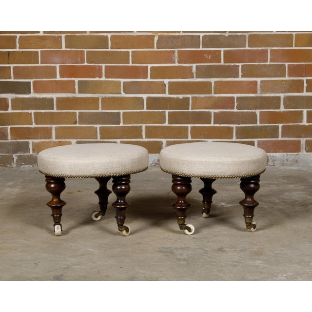English Mahogany Stools with 19th Century Turned Legs on Casters, a Pair For Sale - Image 4 of 9
