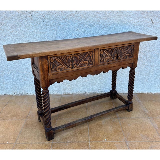 Spanish Castilian Console Table with Two Carved Drawers and Turned Legs, 1890s For Sale - Image 3 of 12