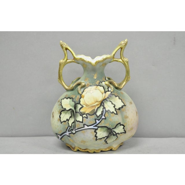 Antique Nippon Hand Painted Porcelain Twin Branch Handle Yellow Rose Small Vase For Sale - Image 13 of 13