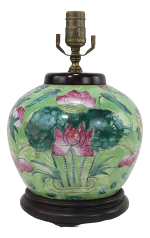 Vintage Chinese Traditional Melon-Shaped Porcelain Table Lamp With Lotus and Scholar’s Objects Motif
