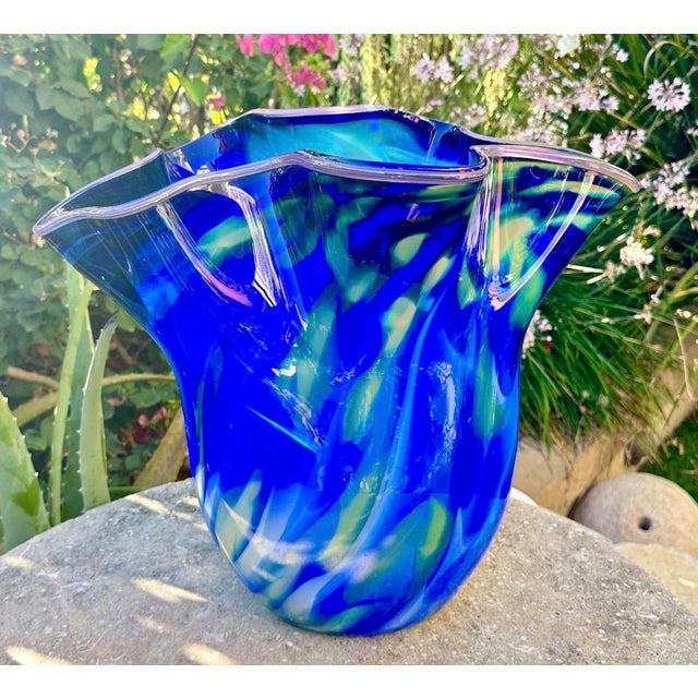 Large Blue Swirl Ruffled Handkerchief Art Glass Vase | Studio Glass Fazzoletto 15"h Artist Signed For Sale In San Diego - Image 6 of 18