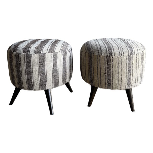 Pair of Striped Off-white, Gray Vintage Turkish Rug Ottomans For Sale