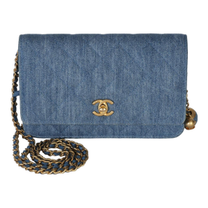 Blue Denim Quilted CC Pearl Crush Wallet On Chain