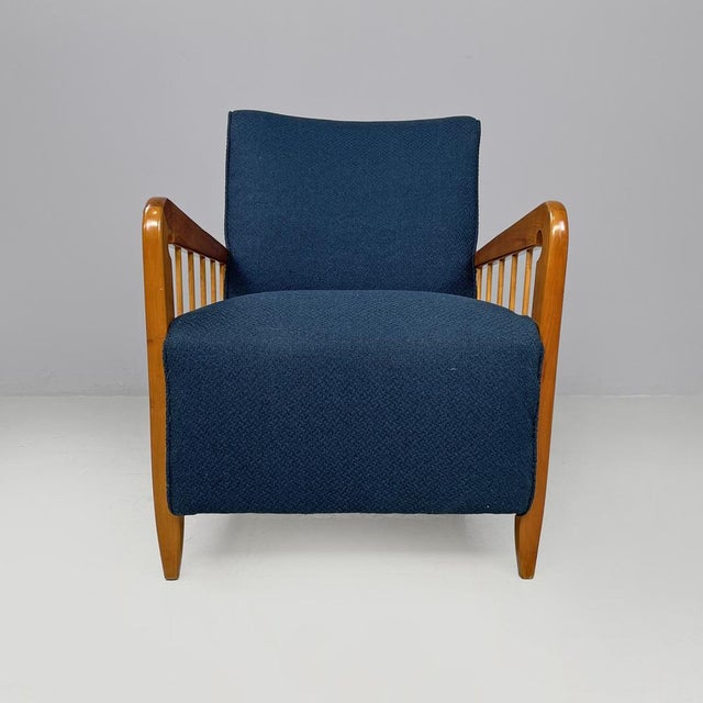 Set of Italian Art Deco Wooden Armchairs in Blue Fabric, 1940s For Sale - Image 4 of 18
