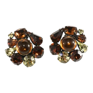 1950s Vintage Collage Earrings Brown Amber & Yellow Rhinestones, 2 Pieces