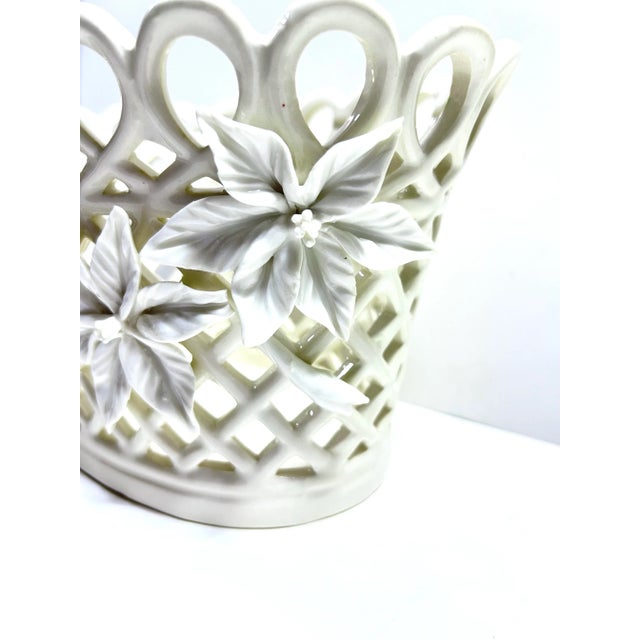 Vintage Pierced Porcelain Cachepot – Basketweave Lattice Floral Planter For Sale - Image 4 of 11