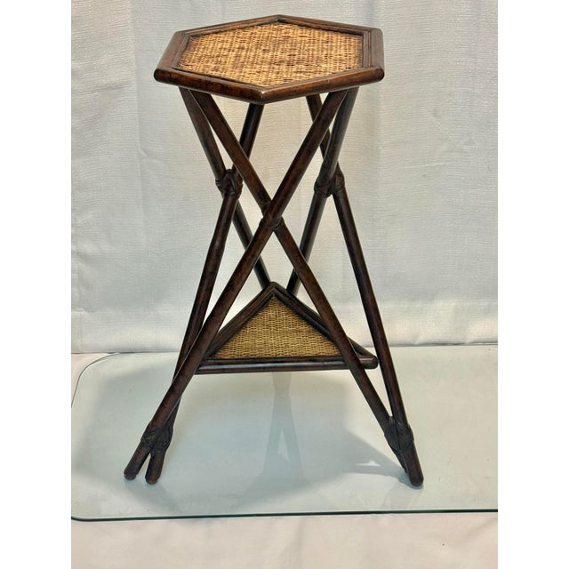 Contemporary Vintage Tortoiseshell Bamboo & Rattan Hexagonal Tiered Drinks Table - Palm Beach Regency - McGuire Style For Sale - Image 3 of 8