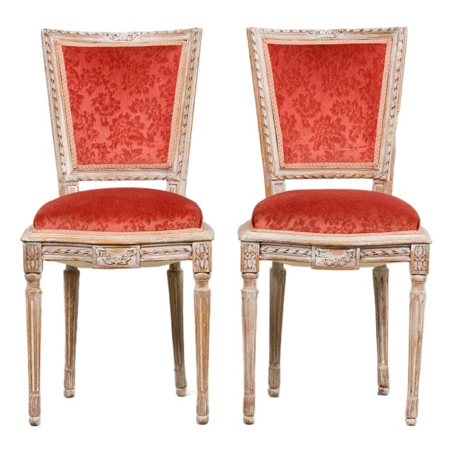 Antique French Louis XVI Style Painted Side Chairs W/ Red Velvet Damask – A Pair For Sale