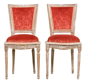 Antique French Louis XVI Style Painted Side Chairs W/ Red Velvet Damask – A Pair