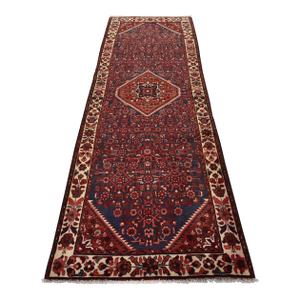 Hamedan Runner 3'10'' X 10'3'' Blue Wool Semi-Antique Tribal Hand-Knotted Rug