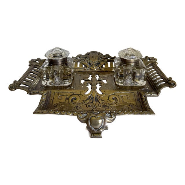 Antique French Victorian Brass Double Inkwell Desk Set With Crystal Inkwells For Sale