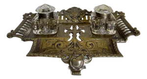 Antique French Victorian Brass Double Inkwell Desk Set With Crystal Inkwells