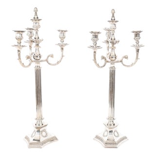 Antique Large Silver Plated Four Light Candelabra, Set of 2 For Sale