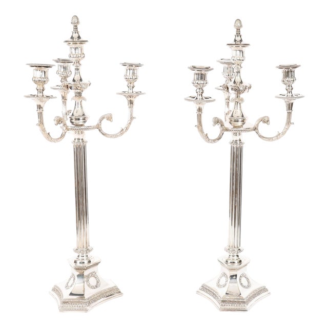 Antique Large Silver Plated Four Light Candelabra, Set of 2 For Sale