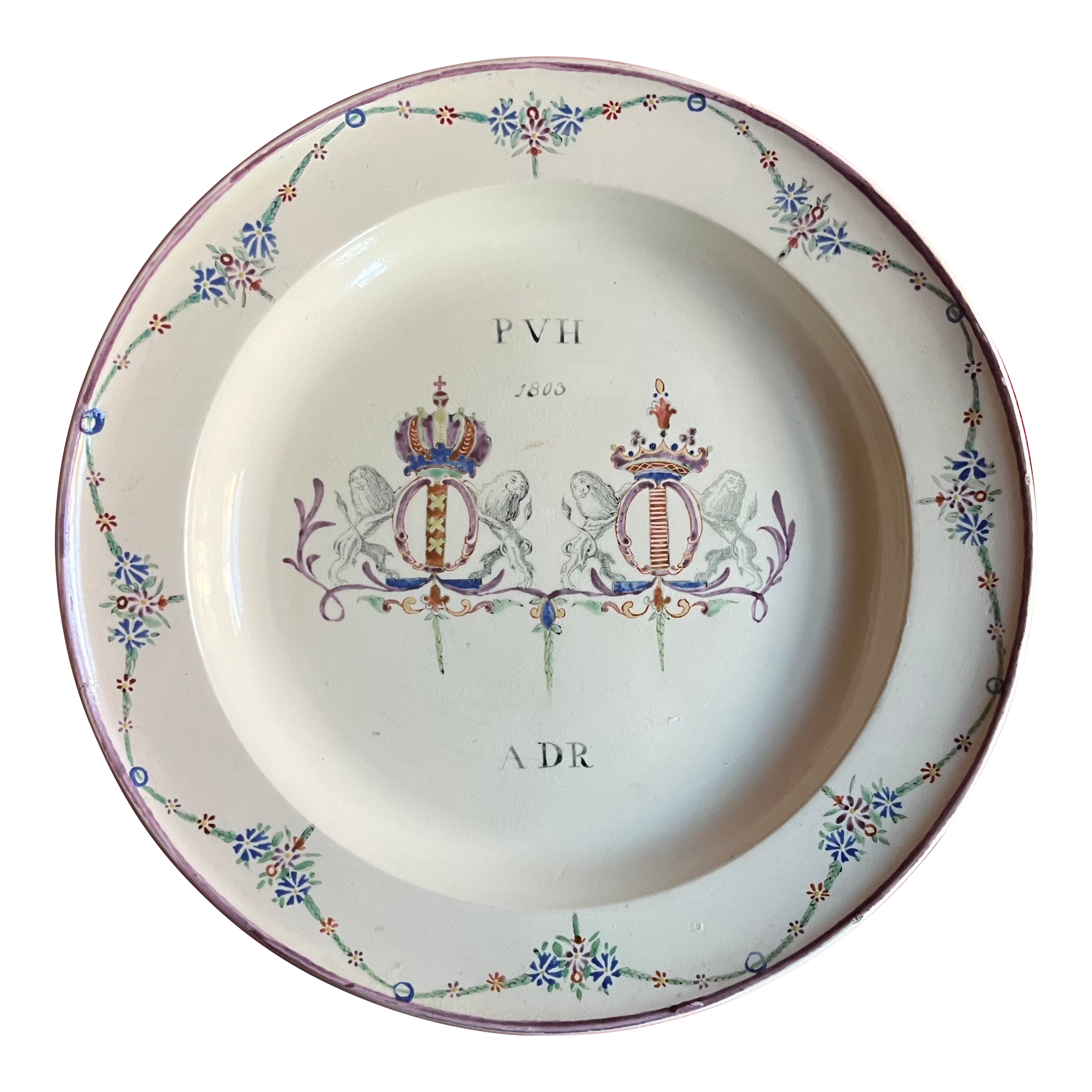 Antique Early 19th Century English Creamware Armorial Marriage