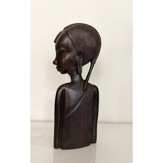 African Vintage African Hand Carved Heavy Ebony Wood Female Bust Sculpture For Sale - Image 3 of 8