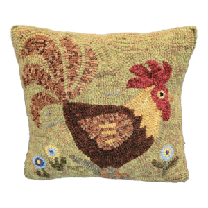Penny Flower Rooster Pillow - Hand Rug Hooked by Designer - 100% Wool