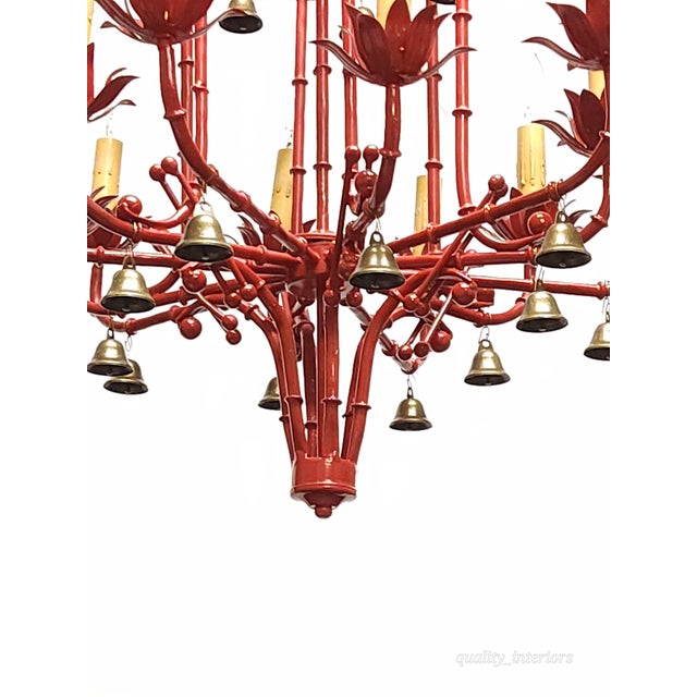Offered for your consideration is an Immense Vintage Italian Tole Faux Bamboo Pagoda Lattice Brass Bell Chandelier. The...