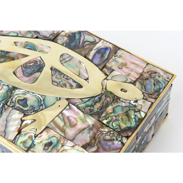 Los Castillo Vintage Restored MCM Brass Turtle, Abalone and Rosewood Hinged Box, 1950's For Sale - Image 4 of 13